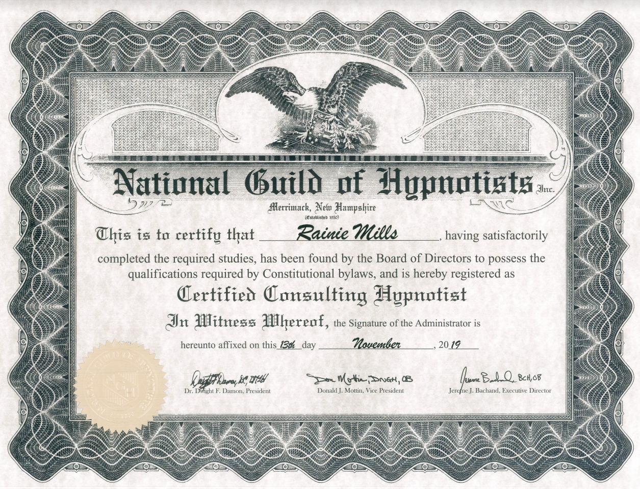Certificate of Certified Consulting Hypnotist